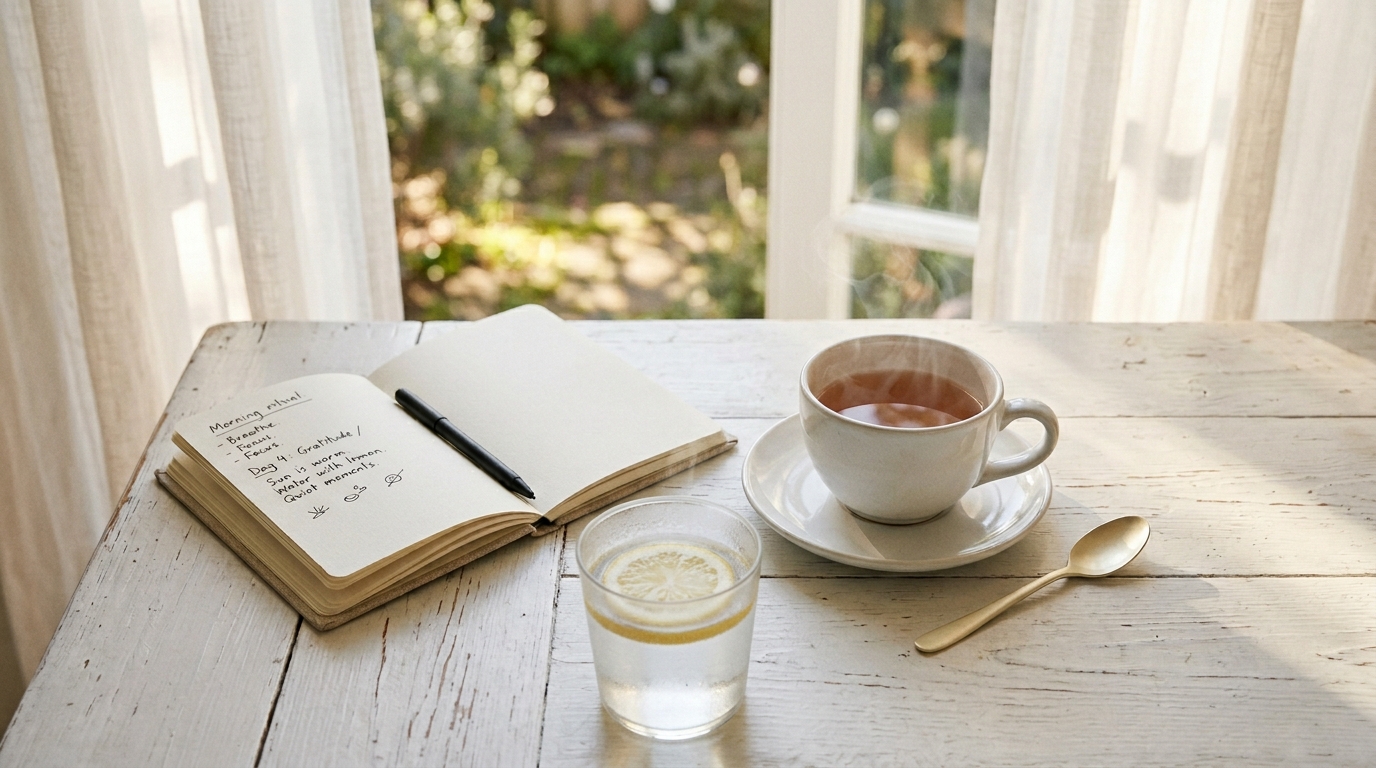 Ruhige Morgenszene mit einer Tasse Tee und einem aufgeschlagenen Notizbuch auf einem hellen Holztisch