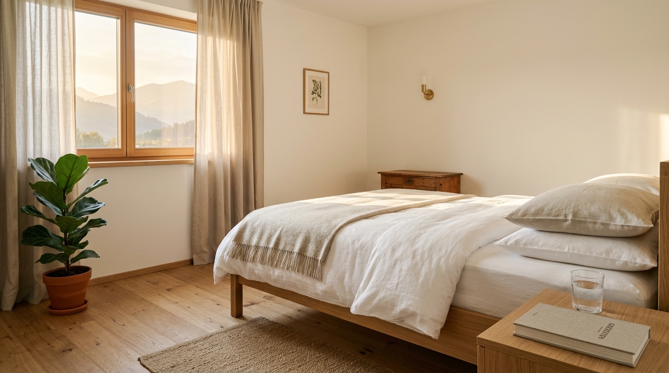Helles Schlafzimmer am Morgen, sanftes Sonnenlicht durch leichte Vorhänge, ordentliches Bett